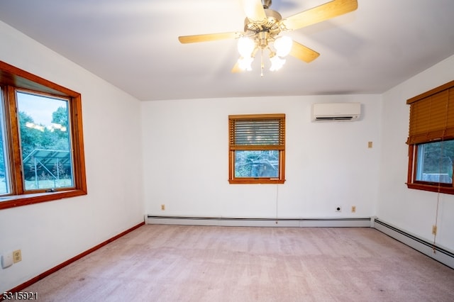 carpeted empty room featuring ceiling fan, a baseboard radiator, and a wall mounted AC