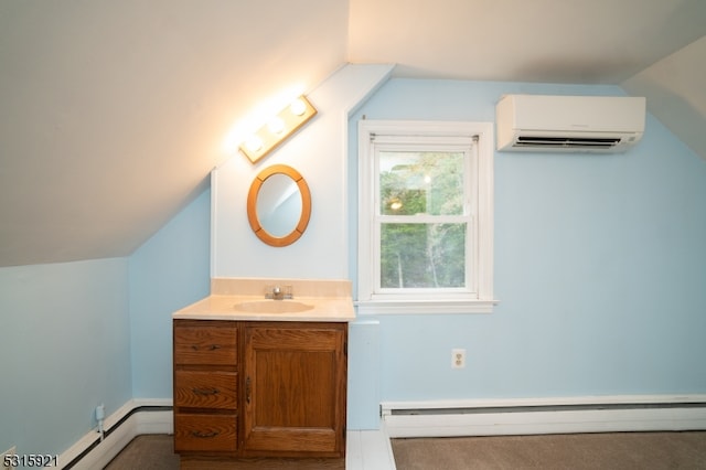 bathroom with vanity, vaulted ceiling, a baseboard radiator, and a wall mounted air conditioner