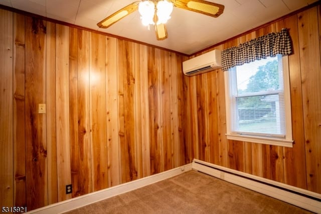 unfurnished room with a baseboard heating unit, a wall unit AC, wood walls, carpet floors, and ceiling fan