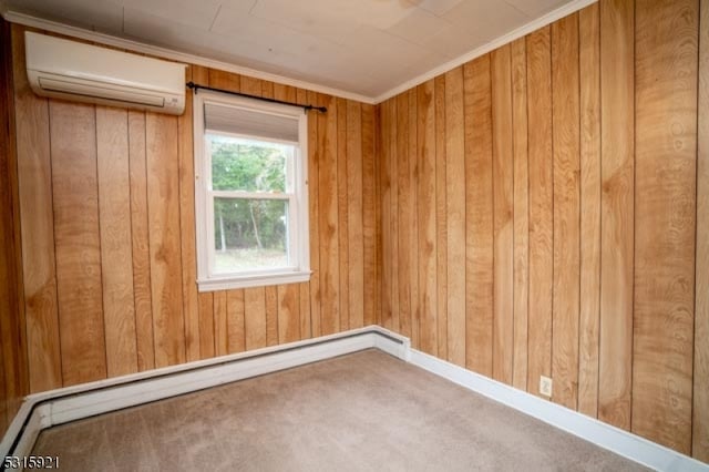 carpeted empty room with wooden walls, a baseboard heating unit, and an AC wall unit