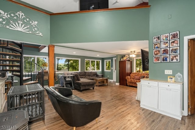 living room with ornamental molding, decorative columns, light hardwood / wood-style floors, and a high ceiling