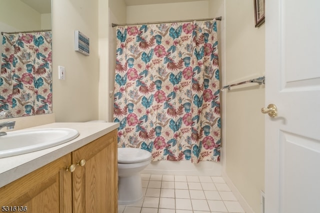 full bathroom featuring shower / tub combo, tile patterned flooring, vanity, and toilet