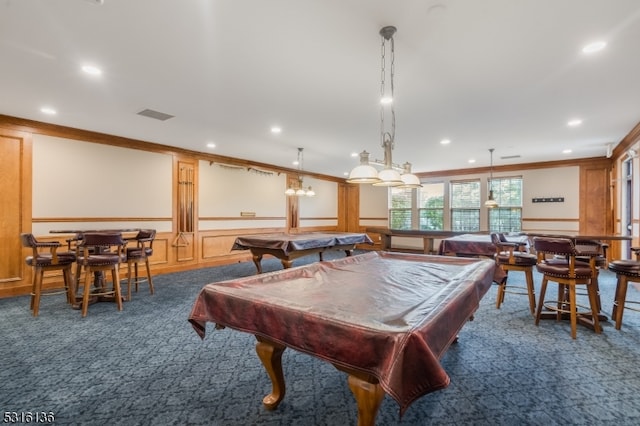 recreation room featuring dark colored carpet, billiards, and ornamental molding