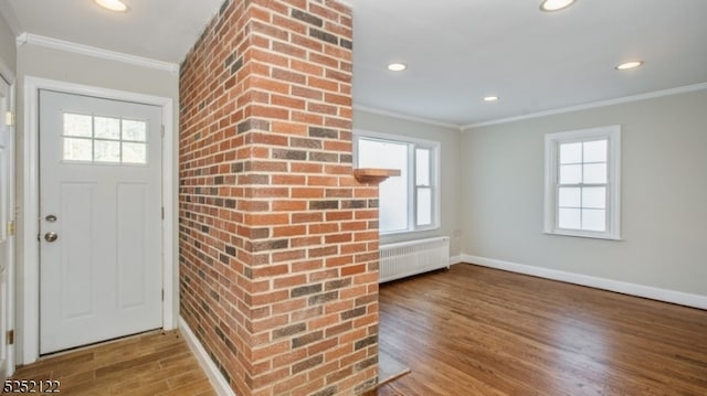 foyer with a healthy amount of sunlight, wood-type flooring, and radiator heating unit