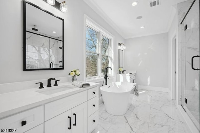 bathroom with ornamental molding, separate shower and tub, and vanity