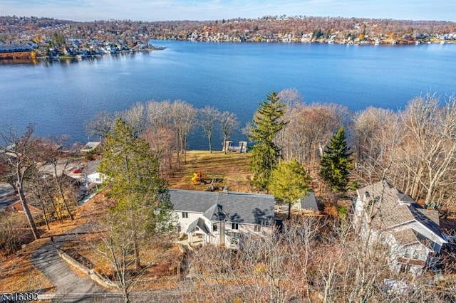 drone / aerial view with a water view