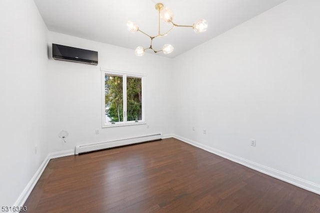 empty room featuring a baseboard radiator, a wall unit AC, baseboards, an inviting chandelier, and dark wood-type flooring