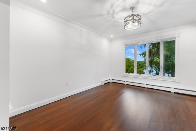 unfurnished room featuring dark wood-type flooring, recessed lighting, crown molding, a chandelier, and baseboards