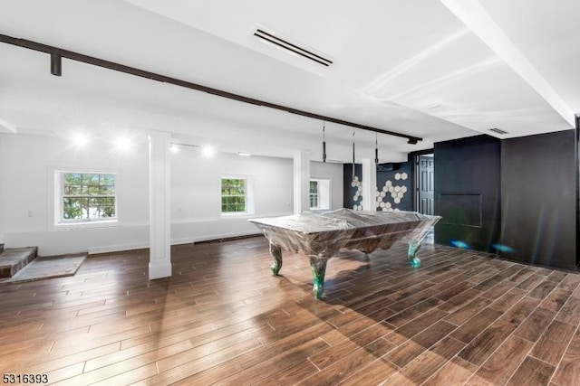 recreation room with pool table, visible vents, rail lighting, wood finished floors, and ornate columns