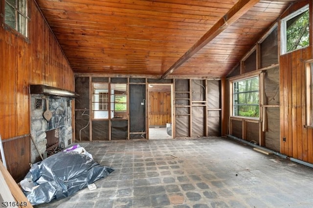 interior space with wood walls, wood ceiling, vaulted ceiling, and a wealth of natural light