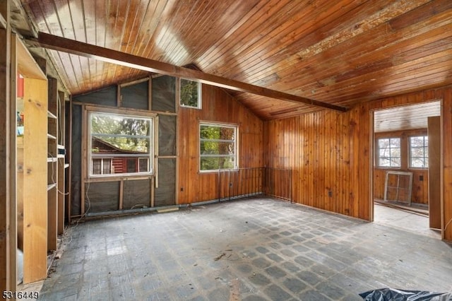 interior space with vaulted ceiling with beams, wood walls, and a healthy amount of sunlight