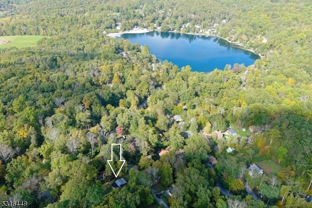 aerial view featuring a water view and a forest view