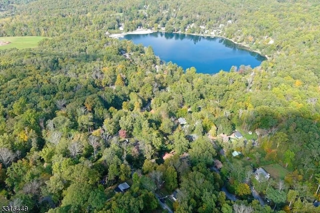 aerial view featuring a water view and a wooded view