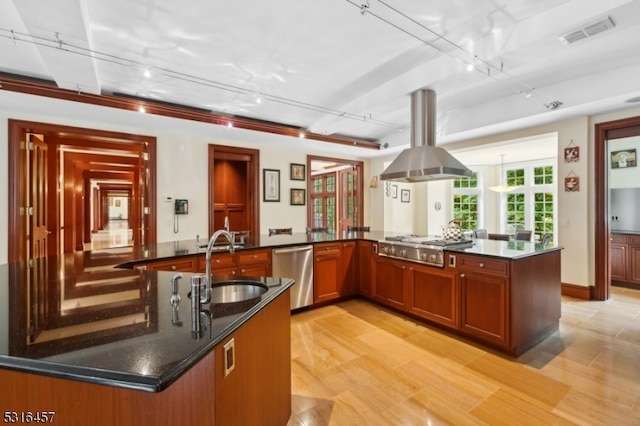 kitchen with sink, kitchen peninsula, island exhaust hood, rail lighting, and appliances with stainless steel finishes