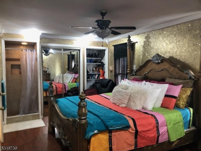 bedroom with crown molding, ceiling fan, and wood-type flooring