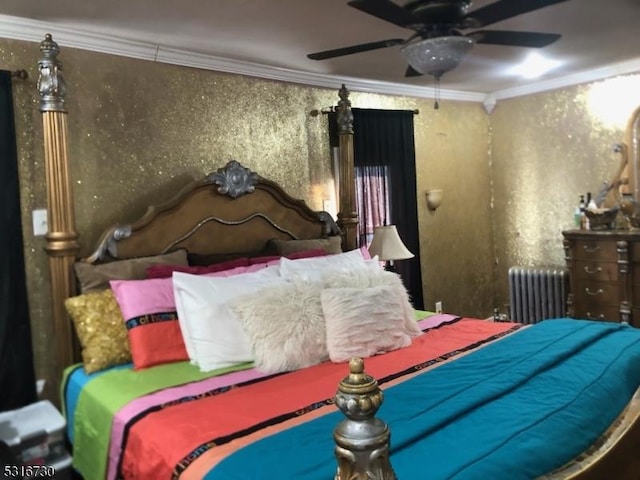 bedroom with crown molding, radiator heating unit, and ceiling fan