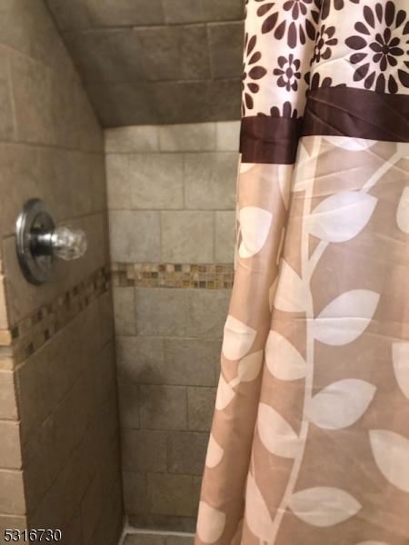 bathroom with vaulted ceiling and curtained shower