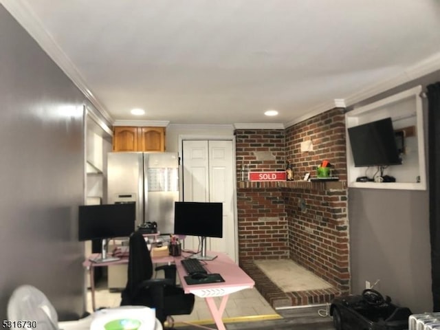 home office with brick wall and ornamental molding