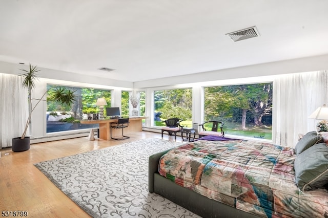 bedroom featuring light hardwood / wood-style floors and a baseboard heating unit