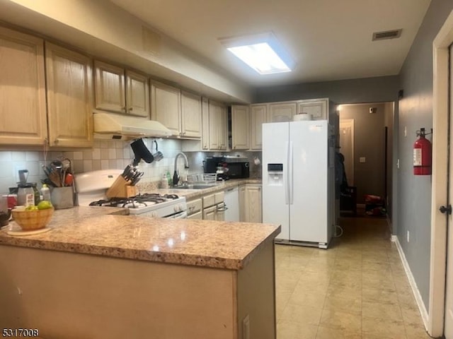 4 Star Lake Rd Unit D, Bloomingdale Boro, NJ 07403 - kitchen with white appliances, under cabinet range hood, tasteful backsplash, and a peninsula