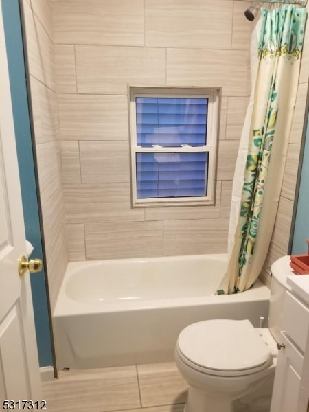 full bathroom with vanity, toilet, and shower / bathtub combination with curtain