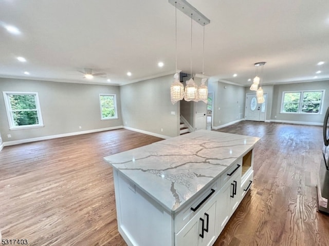 kitchen with hardwood / wood-style flooring, hanging light fixtures, a center island, and white cabinets