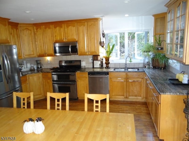 kitchen with wood finished floors, a sink, stainless steel appliances, glass insert cabinets, and tasteful backsplash