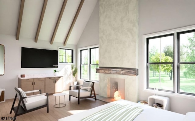 bedroom featuring beam ceiling, a high end fireplace, high vaulted ceiling, and light wood-type flooring