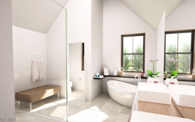 bathroom with a washtub and high vaulted ceiling