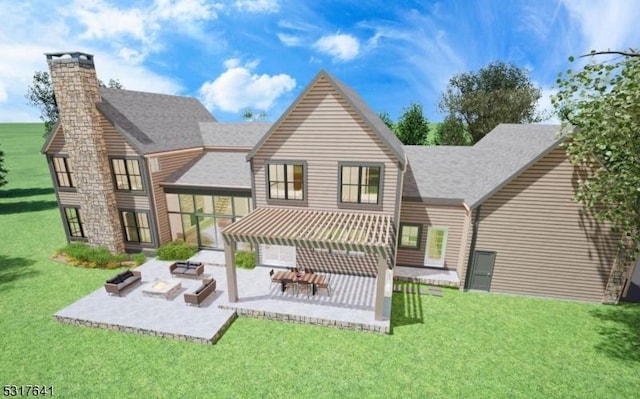 rear view of house with a patio area, a chimney, a lawn, and roof with shingles