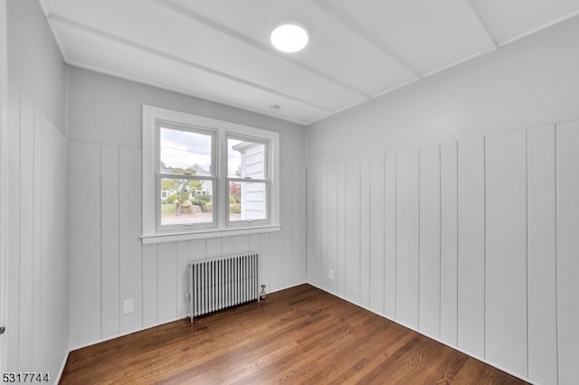 bonus room with wood walls, radiator heating unit, and wood-type flooring