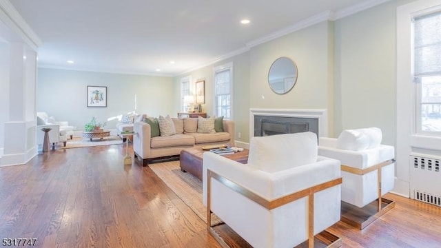 living room with ornamental molding, hardwood / wood-style floors, and radiator heating unit