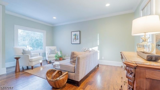 living room featuring crown molding and dark hardwood / wood-style floors