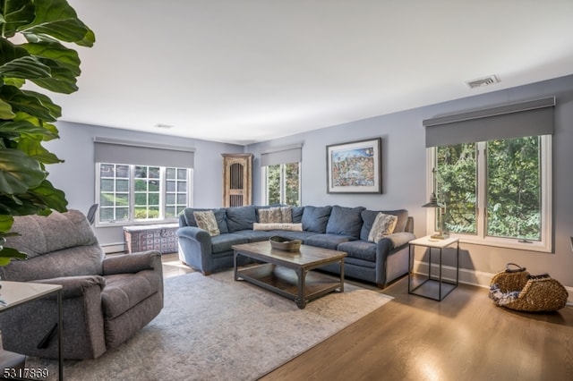 living room featuring plenty of natural light and hardwood / wood-style floors