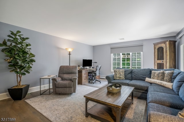 living room with wood-type flooring and a baseboard heating unit