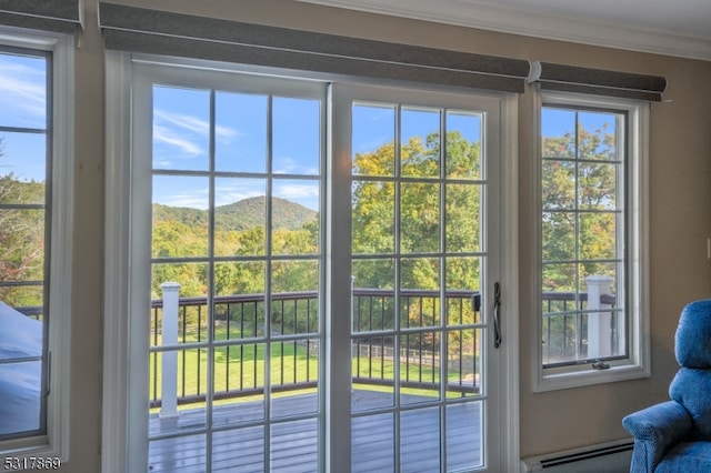 doorway with crown molding, a mountain view, and a baseboard radiator