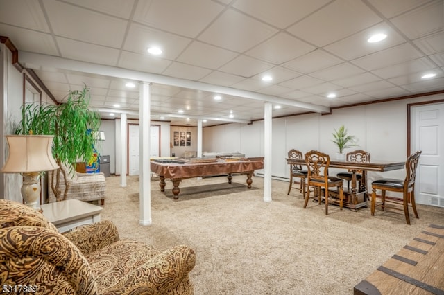 playroom featuring carpet floors, a drop ceiling, a baseboard heating unit, and pool table