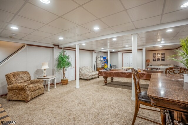 recreation room featuring a paneled ceiling, carpet flooring, and pool table