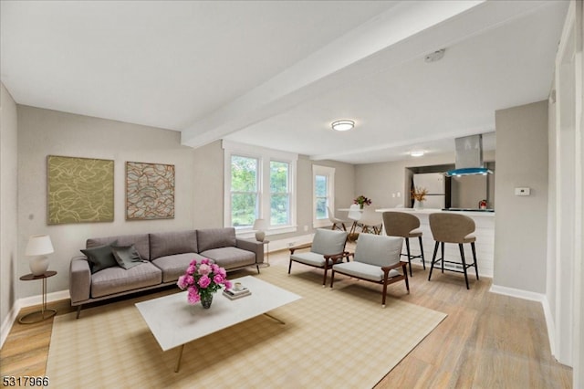 living room featuring light hardwood / wood-style floors and beam ceiling