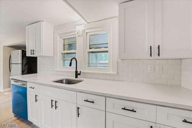 kitchen featuring white cabinets, sink, backsplash, dishwasher, and light wood-type flooring