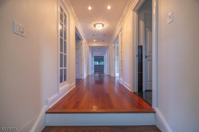 hall with ornamental molding and dark hardwood / wood-style flooring