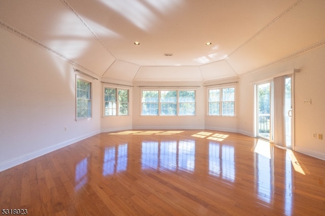 unfurnished room featuring light wood-type flooring, a wealth of natural light, and vaulted ceiling