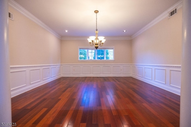 unfurnished dining area with a notable chandelier, crown molding, and dark hardwood / wood-style floors