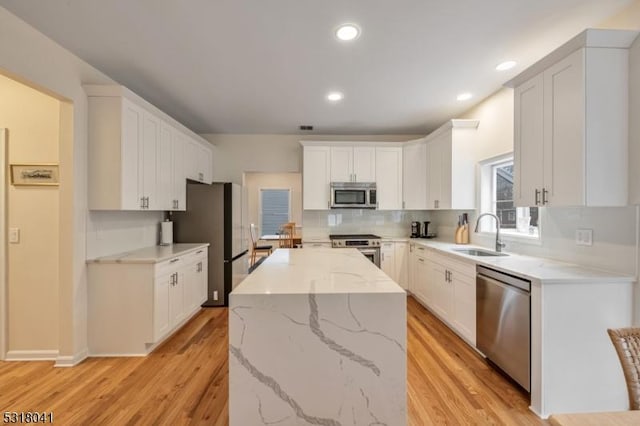 kitchen featuring light stone countertops, a sink, appliances with stainless steel finishes, backsplash, and a center island