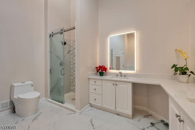 bathroom with vanity, a shower stall, toilet, and marble finish floor