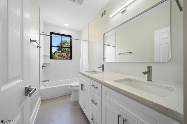 full bathroom with tile patterned floors, vanity, shower / bathtub combination with curtain, and toilet