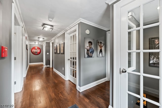 hallway with ornamental molding and dark hardwood / wood-style flooring