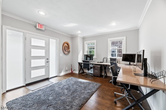 office area featuring ornamental molding and dark wood-type flooring