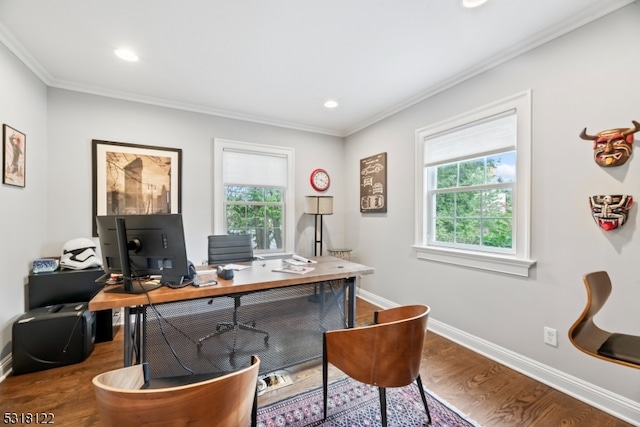 office space with hardwood / wood-style flooring and crown molding