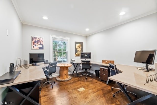 office with wood-type flooring and ornamental molding